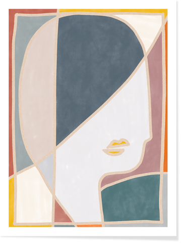 Abstrakt motiv i akvarell av att ansikte. Picasso-liknanade konstmotiv. Säljs som handsignerad poster på tjock premiumpapper. Färgstark, svensk konst.