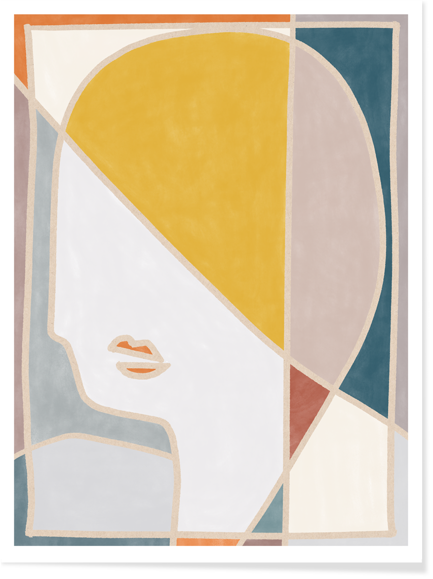 Abstrakt motiv i akvarell av att ansikte. Picasso-liknanade konstmotiv. Säljs som handsignerad poster på tjock premiumpapper. Färgstark, svensk konst.